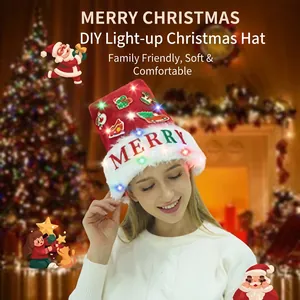 DIY LED Christmas hat with festive patches and glowing beads worn in cozy indoor setting