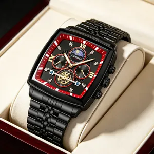 Detail view of black tonneau watch with golden tourbillon and moon phase in wooden box
