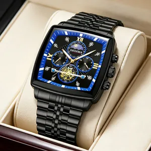 Elegant men's tonneau multi-function watch with black steel band and moon phase display