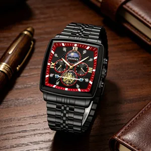 Close-up of black tonneau multi-function men's watch with moon phase and steel strap