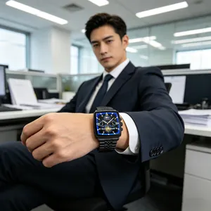 Close-up of DEDIMA men's tonneau moon phase watch worn with a formal dark business suit