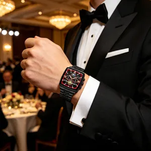 Men's tonneau chronograph watch with moon phase and black steel strap on wrist
