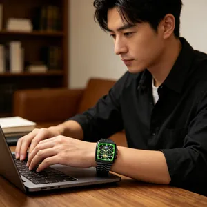 Close-up of a men's multifunction black steel watch worn in an office setting