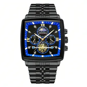 Elegant men's black stainless steel tonneau watch with moon phase and tourbillon dial