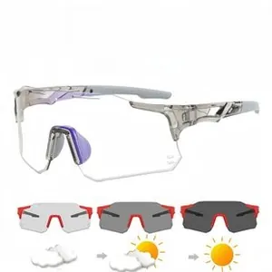 Detailed view of photochromic cycling sunglasses with smart light-changing lenses and silver frame