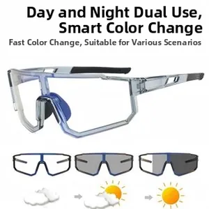Close-up of smart photochromic cycling glasses with grey frames and blue nose pads