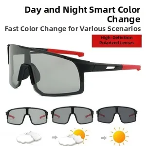 Detail of smart photochromic polarized sunglasses with black and red frame for cycling