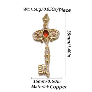 Macro detail of a vintage golden key pendant with red gemstone and micro-pave zircons