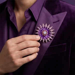 Exquisite purple snowflake crystal brooch for women shown on a dark velvet blazer