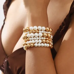 Elegant Multilayer Stretch Bracelets Alloy Faux Artificial Pearl Beaded Jewelry For Women Trendy Fashion Handcrafted Accessories