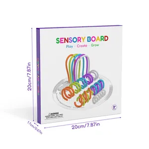 Detailed dimensions of sensory activity board with silicone inserts and packaging