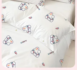 Detail of disposable bedding set with cute rabbit print for travel and hotel use