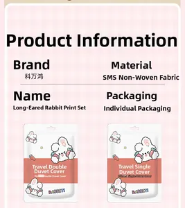 Detail of disposable travel bedding set made of SMS non-woven fabric in individual packaging