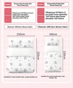 Size chart for disposable travel bedding sets including pillowcases and sheet dimensions
