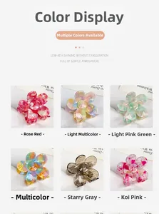 Detailed grid showing six translucent acetate flower hair claws in various marble colors