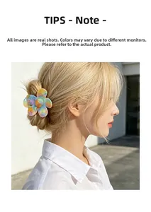 Close-up of a floral acetate hair claw clip with colorful mosaic gradient on a model hair