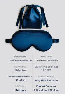 Detail view of the silk eye mask and drawstring pouch with precise product dimensions