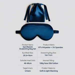 Navy blue silk-like sleep mask and drawstring pouch set with product size chart