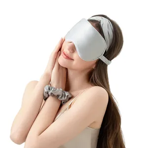 Three-piece faux silk sleep set including eye mask, twisted headband and scrunchie in grey