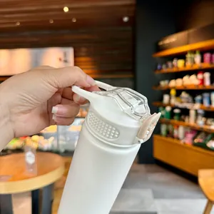 Detail view of the portable handle and flip-top straw lid on the insulated water bottle