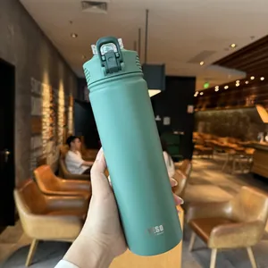 Close-up of a mint green insulated water bottle with handle and secure locking lid