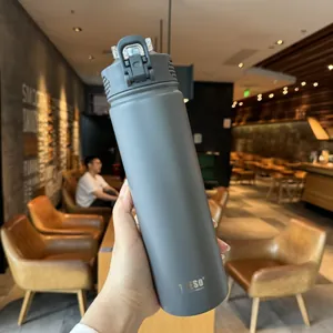 Close-up of a matte grey Tyeso insulated bottle with a secure flip-top lid and grip texture