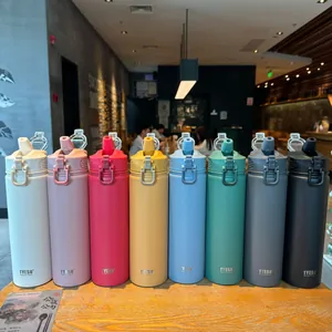 Detailed row of various colorful matte insulated tumblers with straws and carrying loops