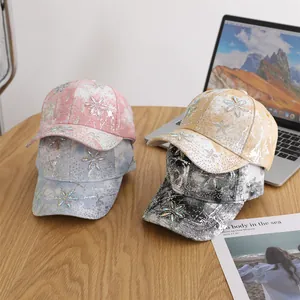 Tie-dye canvas baseball caps for girls with sparkling rhinestone sunflower patterns