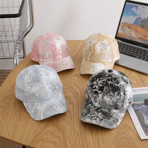 Kids rhinestone sunflower baseball caps in tie-dye pink, yellow, blue, and black colors