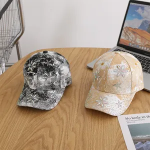 Tie-dye kids baseball cap with sparkling rhinestone flower patterns on canvas