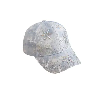 Light blue tie-dye kids baseball cap with sparkling rhinestone flower patterns