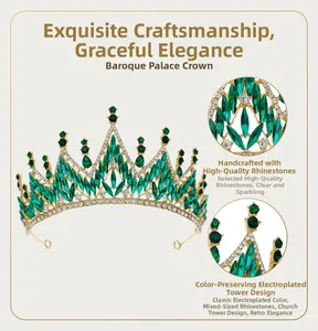Close-up of golden baroque tiara featuring green marquise rhinestones and spire details