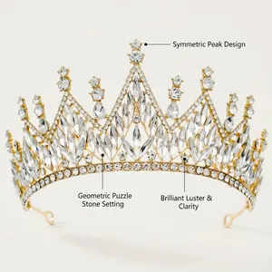 Detail of baroque crown with symmetric peak design and geometric crystal setting