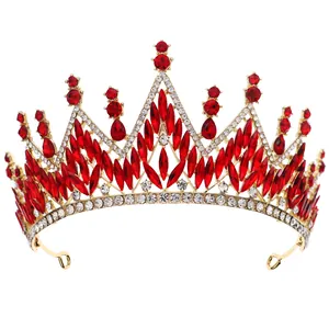 Golden baroque crown featuring red marquise crystals and rhinestones for weddings