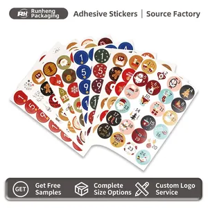 Christmas Advent Calendar Stickers Number Labels Self Adhesive Paper For Holiday Countdown Gift Box Decoration Round Cartoon Pattern