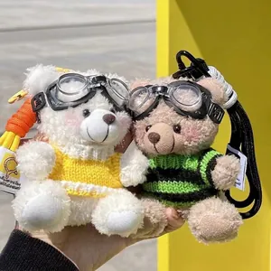 Cute plush aviator bear charms with goggles and knit sweaters for bags or keychains