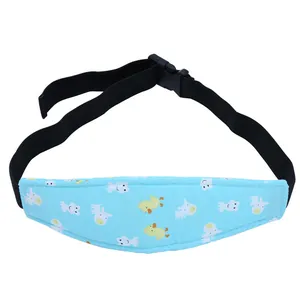 Light blue infant car seat head support belt with cartoon lamb and duck prints