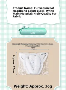 Detailed view of white sequined cat ear headband with product specifications and dimensions