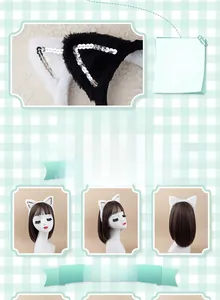 Detail of plush cat ear headband with shiny silver sequins for cosplay costume