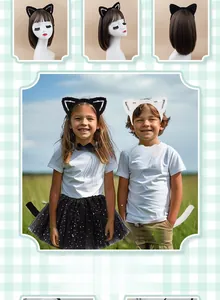 Close-up of cat costume set including sequin ears headband, bowtie, tail, and tutu skirt