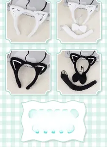 Detail of sequined cat ear headband set with bow tie and plush tail for cosplay