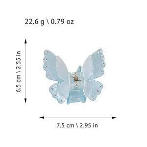Blue acrylic double-layered butterfly hair claw clip with rhinestones, size 7.5cm x 6.5cm