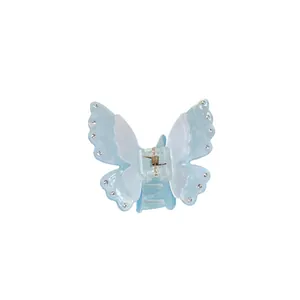 Elegant light blue butterfly hair claw clip with rhinestones and acrylic double wings