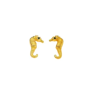 French vintage gold seahorse stud earrings with textured finish and black zircon accents