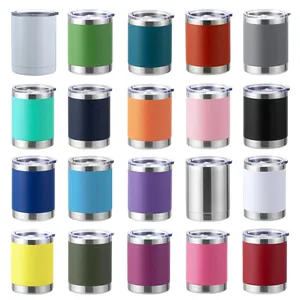 Grid showing 20 colors of 12oz stainless steel tumblers with handles and clear lids