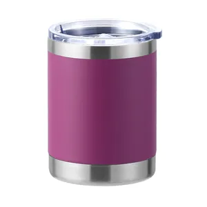 Macro detail of purple matte finish and polished stainless steel rim of a coffee mug