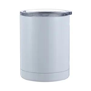 Close-up of a white 12oz stainless steel coffee mug with a transparent plastic lid