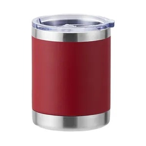 Red 12oz stainless steel coffee mug with handle and clear lid for travel use
