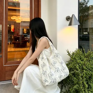 Chic off-white lace canvas tote bag with embroidered blue butterflies for summer