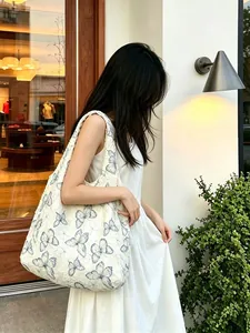 Women Butterfly Print Tote Vest Bag Large Capacity Lace Canvas Shoulder Handbag Frayed Edges Casual Lazy Style Student
